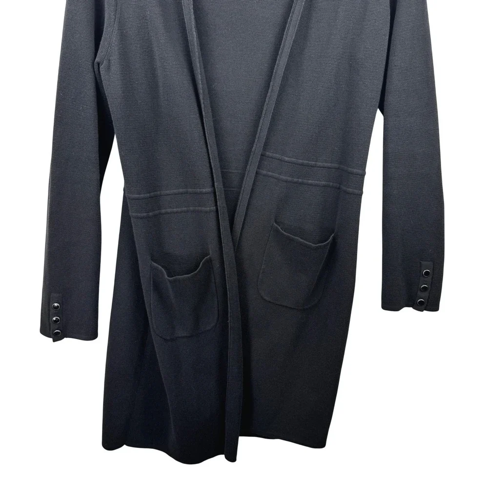 Talbots Cardigan Women Medium Black Open Front Longline Button Cuff Pockets‎